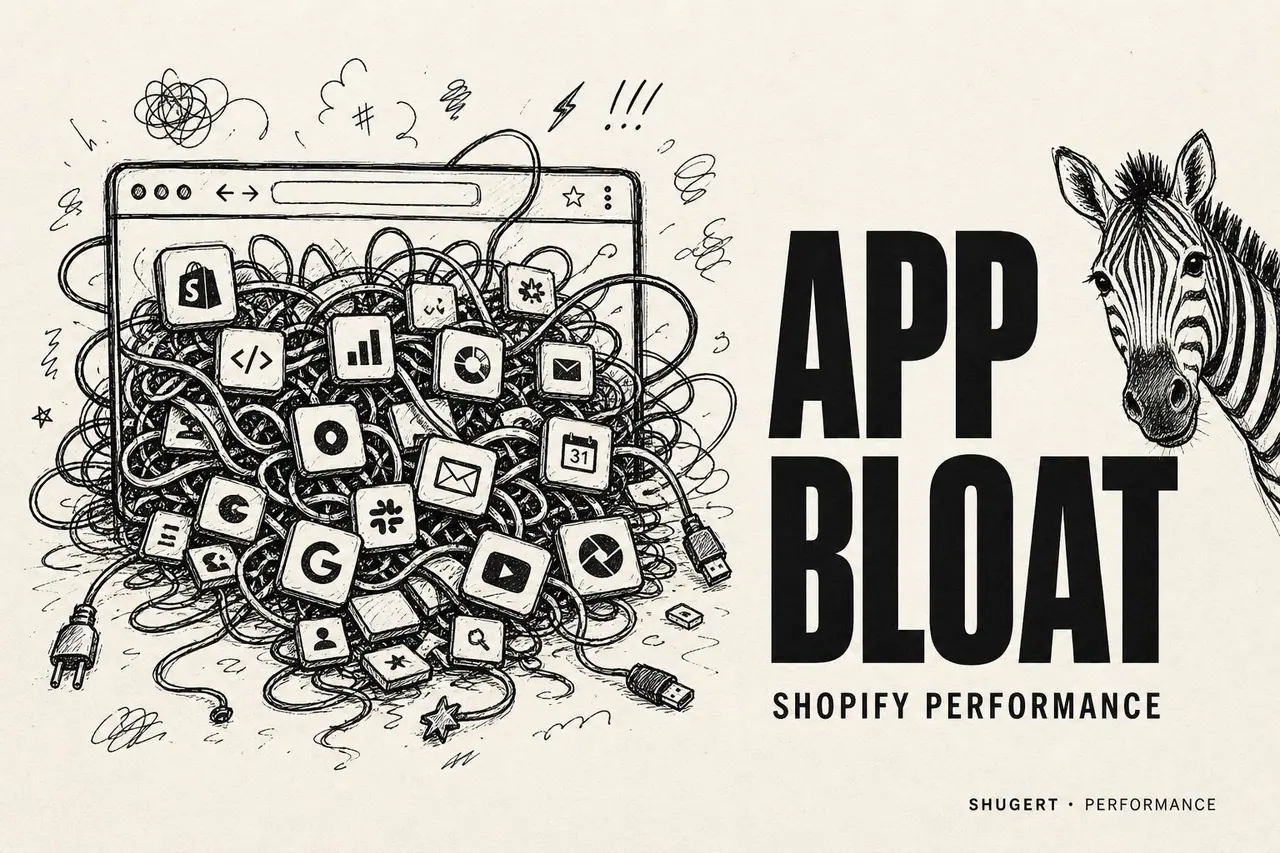 Shopify app bloat — hand-drawn browser overflowing with tangled apps