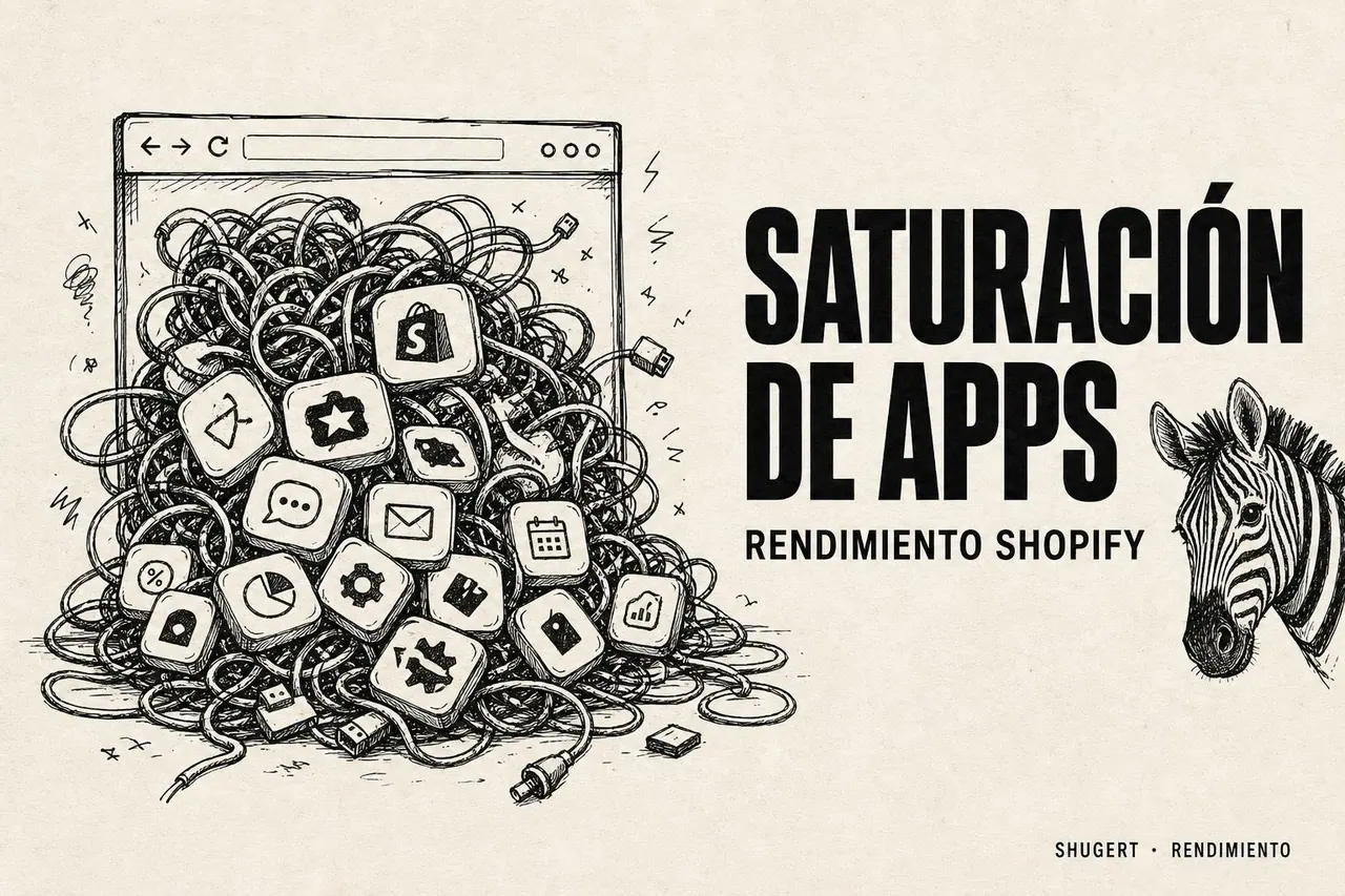 Saturación de apps en Shopify — navegador dibujado a mano desbordado de apps