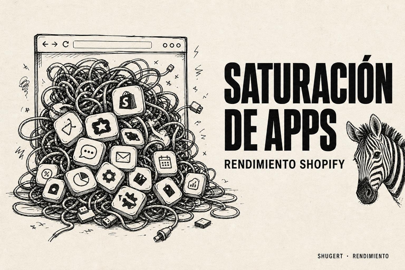 Saturación de apps en Shopify, navegador dibujado a mano desbordado de apps