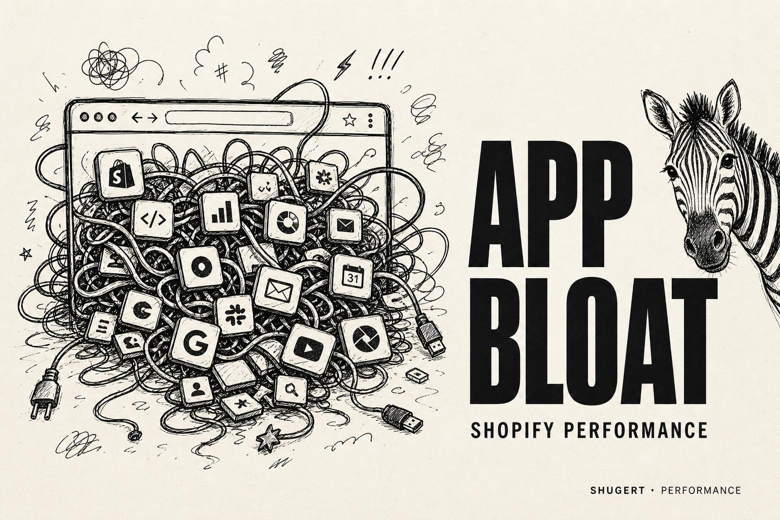 Shopify app bloat, hand-drawn browser overflowing with tangled apps