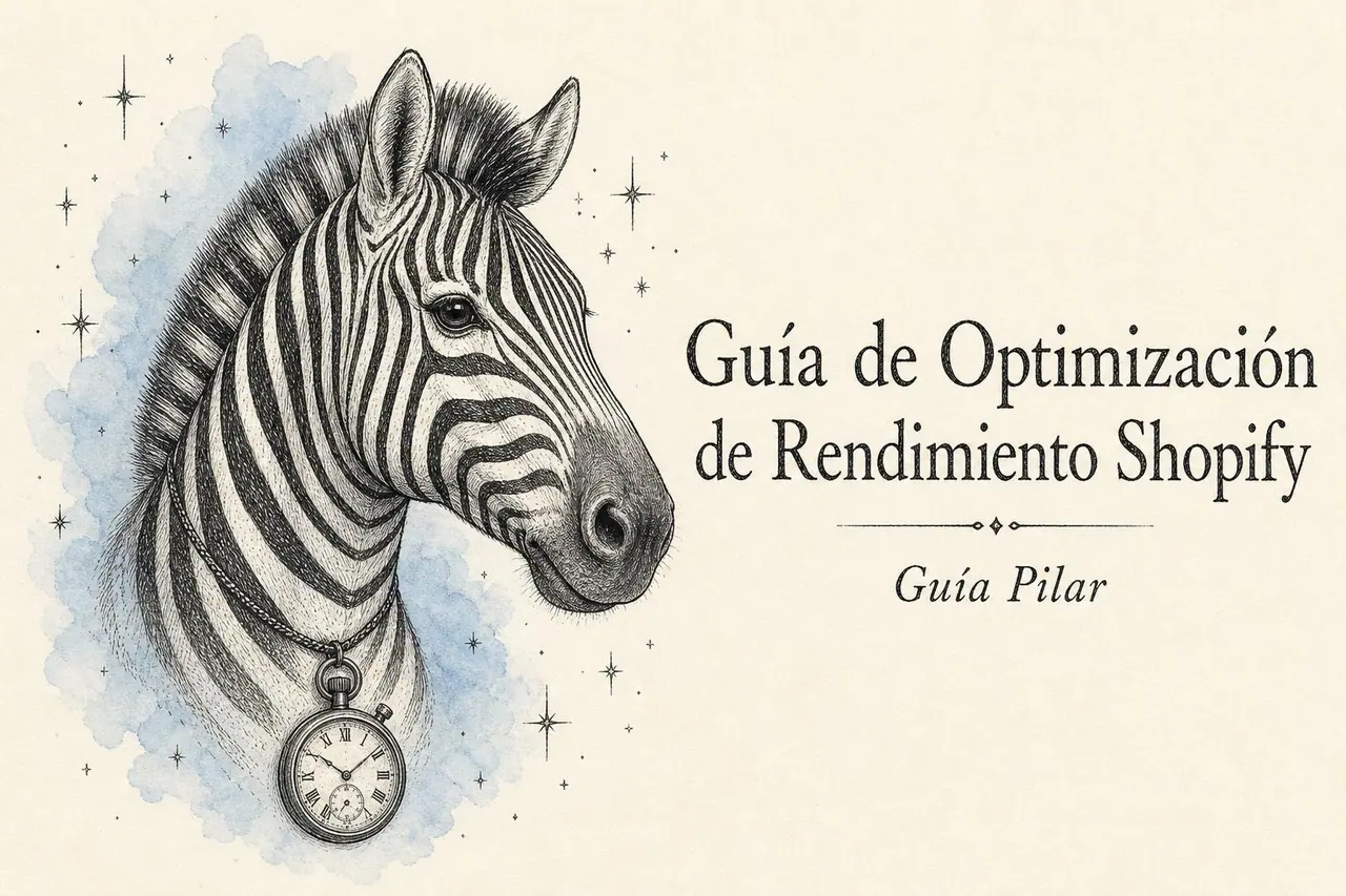 Guía de Optimización de Rendimiento Shopify — portada ilustrada de cebra