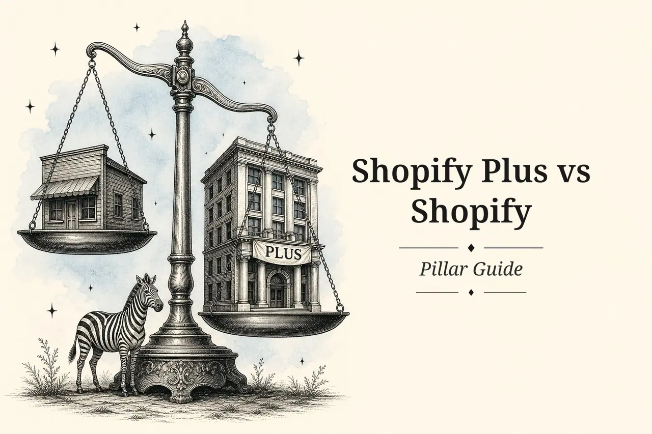 Shopify Plus vs Shopify — etched balance scale weighing two storefronts