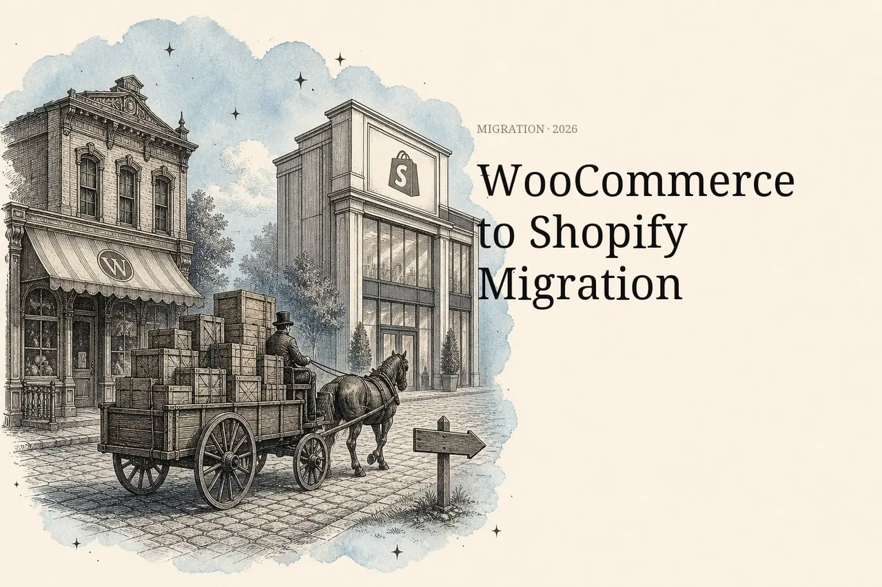 WooCommerce to Shopify migration — vintage etched moving van leaving an old Woo storefront for a new Shopify storefront