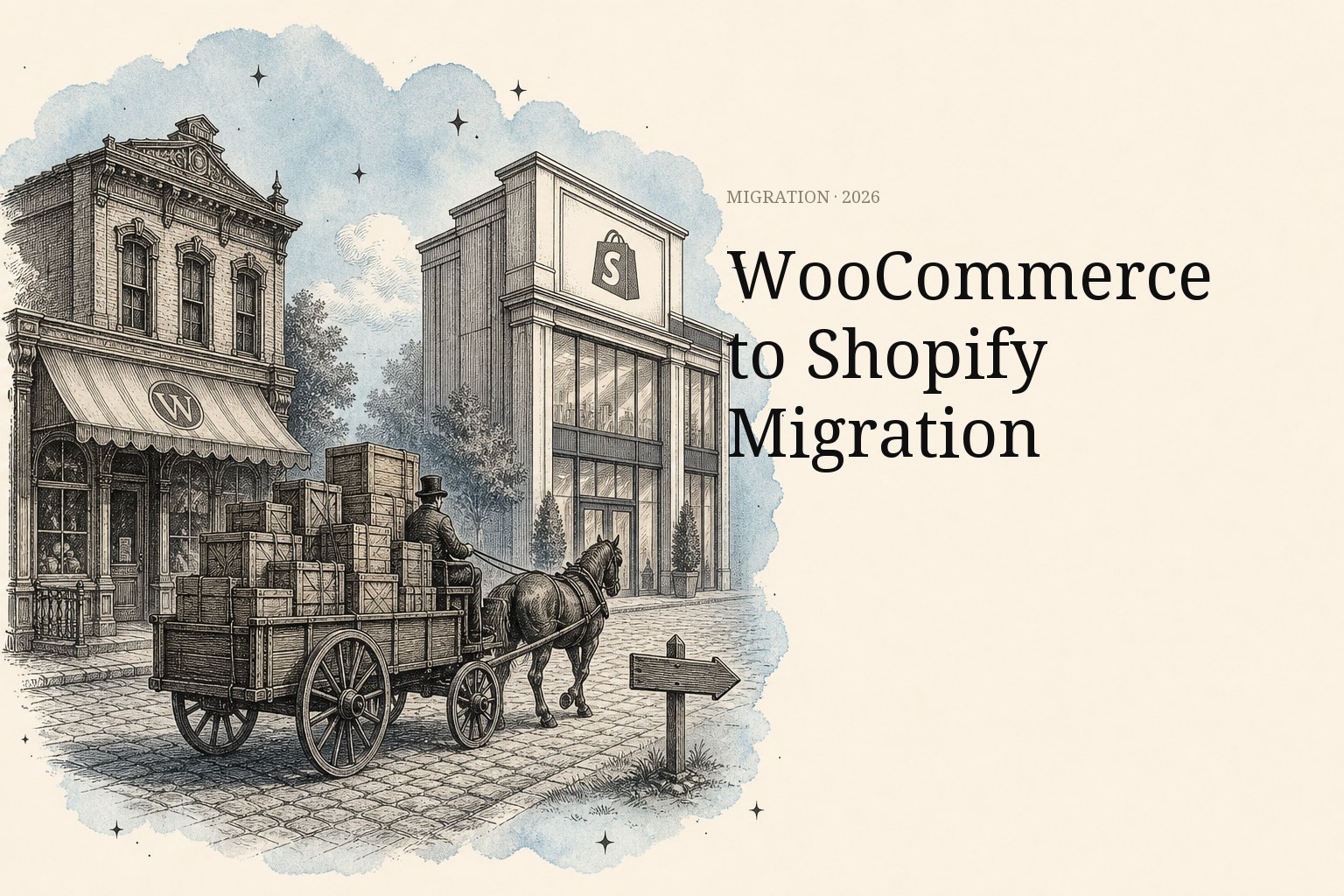 WooCommerce to Shopify migration, vintage etched moving van leaving an old Woo storefront for a new Shopify storefront