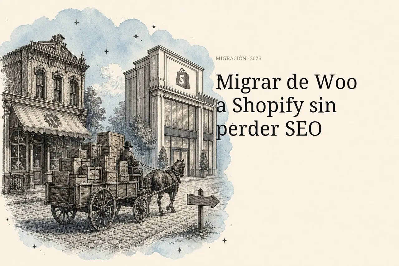Migración WooCommerce a Shopify — vagón vintage cargado de cajas saliendo de una tienda Woo hacia una tienda Shopify nueva