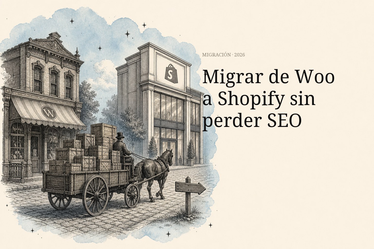 Migración WooCommerce a Shopify, vagón vintage cargado de cajas saliendo de una tienda Woo hacia una tienda Shopify nueva