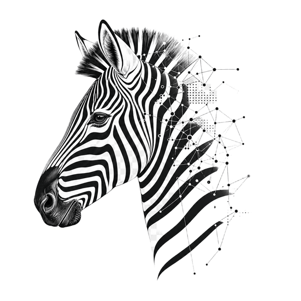 Zebra profile with constellation data pattern — Shugert's analytics and AI mascot